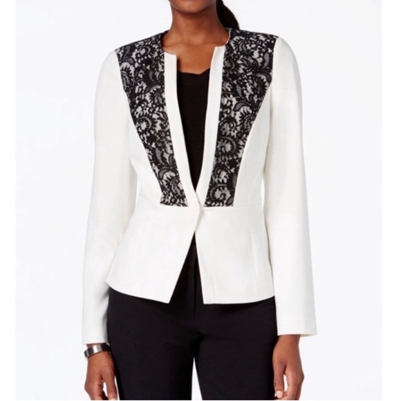 Laundry by Shelli Segal  Cream White Black Lace Blazer Jacket Size 16 NWT - Picture 1 of 16